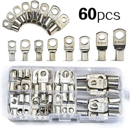 60Pcs Assortment Car Auto Copper Ring Terminal Wire Crimp Connector Bare Cable Battery Terminals Soldered Connectors Kit HX-50B